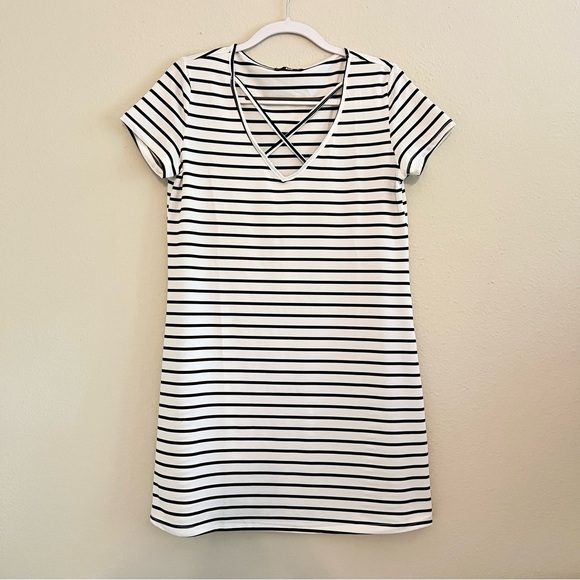 SHEIN Dresses & Skirts - Shein White Dress with Black Thin Stripes Short Sleeve Mini Dress Criss Cross L